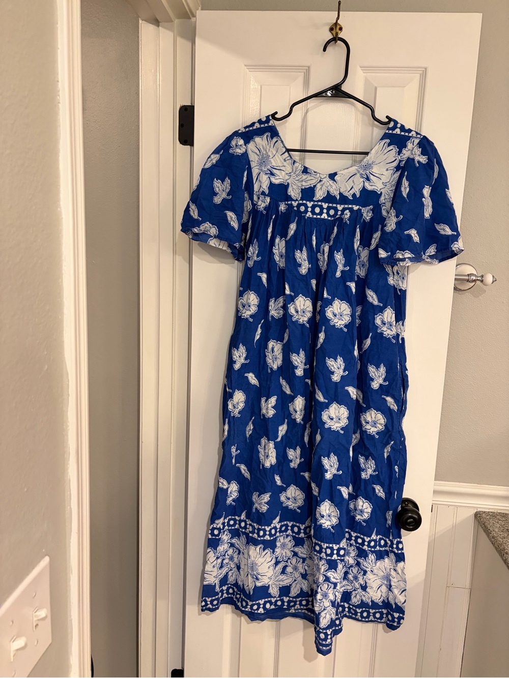 Vintage Loungees Hawaiian Cotton Muumuu Dress Blue White Hibiscus S